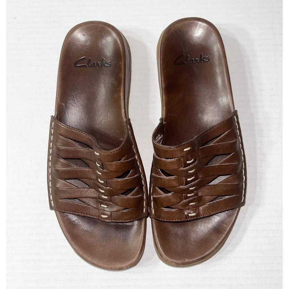 Clarks Woven Slide Sandals Womens 7M Brown Leather Slip On Woven Shoes Vacation